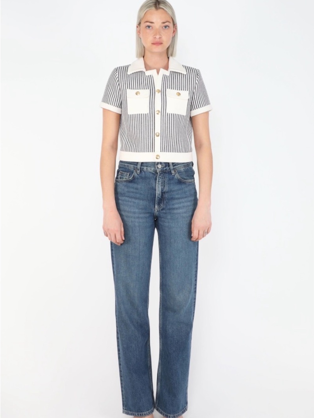 NWT Women’s Striped Knit Polo Button Up Top with Pockets - XS